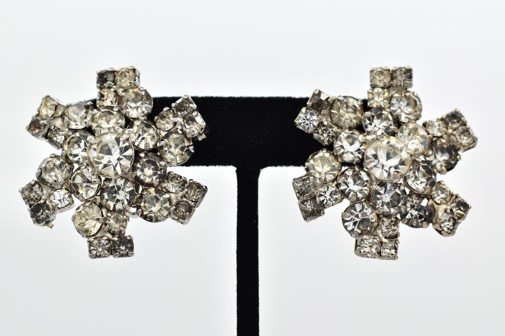 Juliana Vintage Crystal Flower Clip On Earrings Rhinestone Chunky Silver 60s 9E